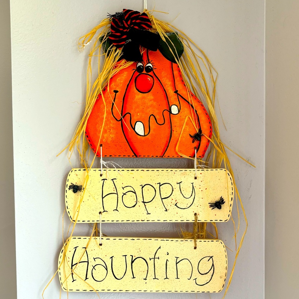 Mrs. Pumpkin Halloween Happy Haunting Wooden Hanging Sign Decoration